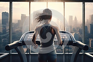 Sports girl athlete in sportswear runs on a treadmill. Vigorous training of sportswoman in the gym alone. View from