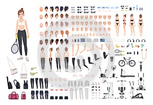 Sports girl character constructor. Fitness woman creation set. Different postures, hairstyle, face, legs, hands