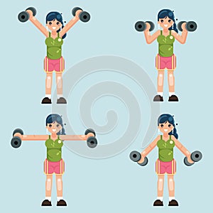 Sports girl engaged in fitness sports dumbbells flat design character vector illustration