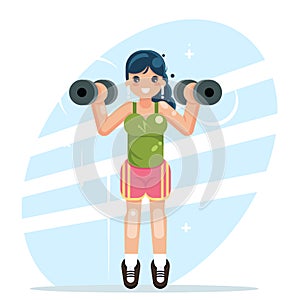 Sports girl engaged in fitness sports dumbbells flat design vector illustration