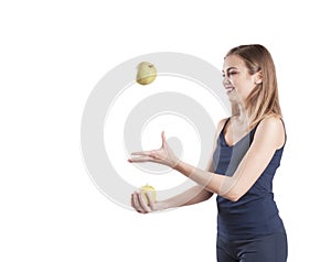 Sports girl green apple smiling lifestyle isolated hand