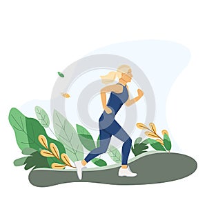 Sports girl runs in the park. Vector illustration in flat style with plants, leaves. Banner, website, poster template