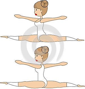 Sports Girl woman on an isolated white background stretching sitting on a twine in a white swimsuit and leggings.