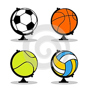 Sports Globe set. Balls in Earth sphere. Basketball and football