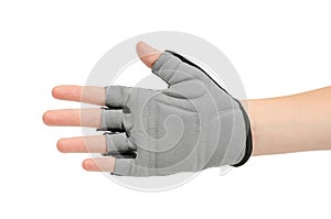 Sports glove without fingers on a female hand