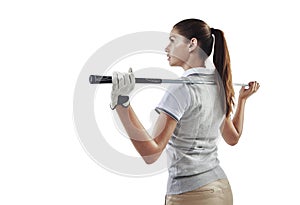 Sports, golf and back of woman in a studio with an iron, metal or steel club equipment for a game. Fitness, glove and