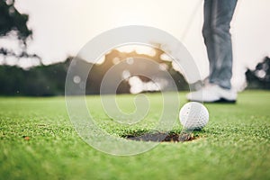 Sports, golf ball and hole on course in club for competition match, tournament and training. Target, challenge and games