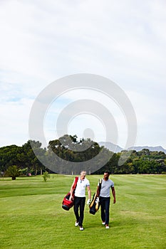 Sports, golf and friends on field for game, match and competition on golfing course. Recreation, hobby and men walking