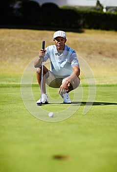 Sports, golf hole and black man on course for playing game, practice and training for competition. Recreation, golfer