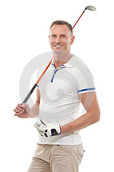 Sports, golf and portrait of man in studio isolated on a white background ready to start game. Training, golfer and