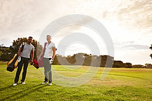 Sports, golf and portrait of men on field walking for game, match and competition on golfing course. Recreation, hobby