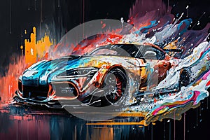 Sports gtr car colorful colorburst abstract background acryl painting. Generative ai