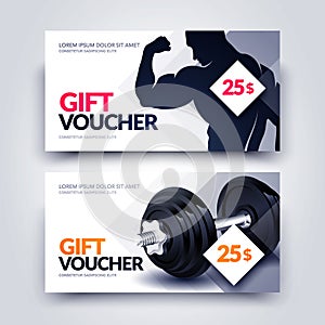 Sports Or Gym Voucher With Dumbbell And Muscular Men Silhouette