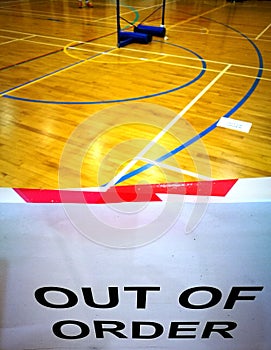 Sports hall with sign, out of order