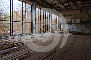 Sports Hall of swimming pool Azure in dead abandoned ghost town of Pripyat in Chernobyl alienation zone, Ukraine photo