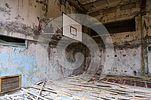 Sports Hall of swimming pool Azure in dead ghost town of Pripyat in Chernobyl alienation zone, Ukraine photo
