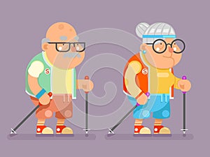 Sports Healthy Grandfather Granny Active Lifestyle Age Nordic Finland Walking Stick Old Man Lady Character Cartoon Flat