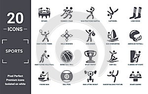 sports icon set. include creative elements as estadio, long socks, man windsurfing, sport trophy, ball pool, man playing photo