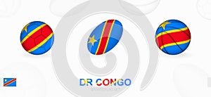 Sports icons for football, rugby and basketball with the flag of DR Congo