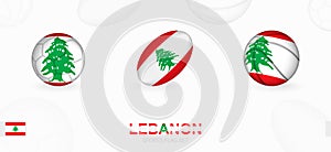 Sports icons for football, rugby and basketball with the flag of Lebanon