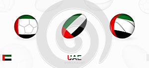 Sports icons for football, rugby and basketball with the flag of United Arab Emirates