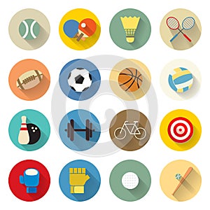 Sports icons set flat design with long shadow