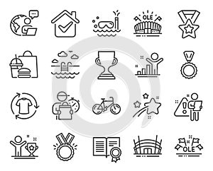 Sports icons set. Included icon as Bicycle, Arena stadium, Scuba diving signs. Award cup, Medal, Honor symbols. Vector