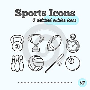 Sports Icons Set (Kettlebell, Trophy, Football, Timer, Skittles, Volleyball, Baseball, Billiard Ball)