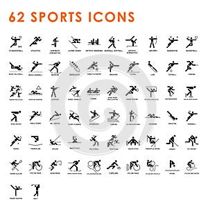 Sports icons. Vector isolated pictograms on white background with the names of sports disciplines