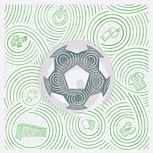 Sports Illustration With Soccer / Football Ball And Symbols in Hand Drawn Style.