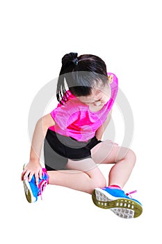 Sports injure. Asian child injured at wrist. Isolated on white b