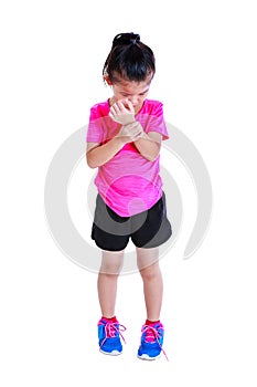 Sports injure. Asian child injured at wrist. Isolated on white b