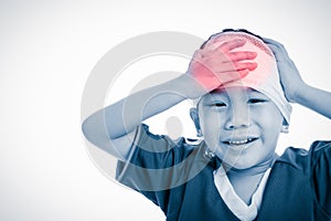 Sports injury. Asian child with trauma of the head painful crying. Isolated on white.