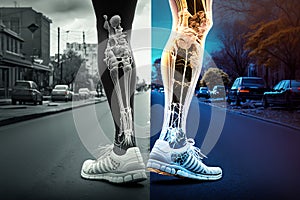 Sports injury of the feet and knees, illuminated by neon light. A man\'s legs