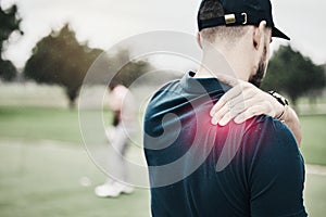 Sports, injury and golf, man with shoulder pain during game on course, massage and relief in health and wellness. Green