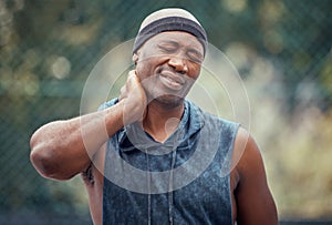 Sports, injury and neck of black man in massage exercise pain and emergency in the outdoors. African man suffering from