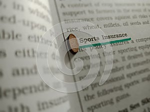 sports insurance bussiness finance words displaying on paper page with underlined text form