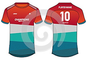 Sports jersey t shirt design concept vector template, Color block abstract printed Round neck football jersey concept with front