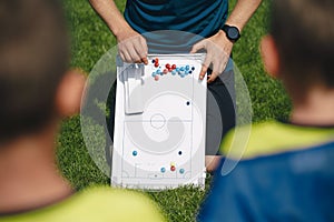 Sports junior team coach explaining soccer stratego for the game on training session