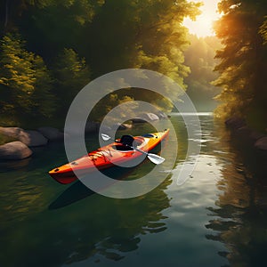 a sports kayak floats along the river in the forest, top view natural background, scenic wallpaper