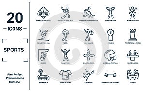 sports linear icon set. includes thin line american football player hand holding the ball, skiing down hill, climber, work bench, photo
