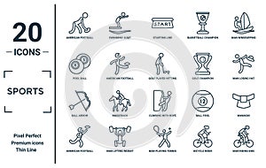 sports linear icon set. includes thin line american football player, pool ball, ball arrow, american football player running with