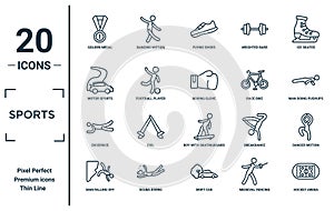 sports linear icon set. includes thin line golden medal, motor sports, excersice, man falling off a precipice, hockey arena,