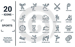 sports linear icon set. includes thin line weight lifting, man sprinting, soccer ball with pentagons, snow slide zone, gym ball,