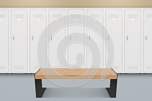 Sports locker room fitness club gym interior with wooden bench realistic vector illustration