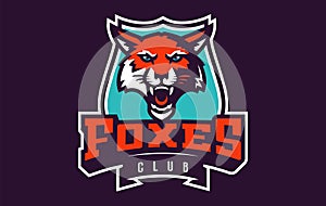 Sports logo with fox mascot. Colorful sport emblem with fox mascot and bold font on shield background. Logo for esport