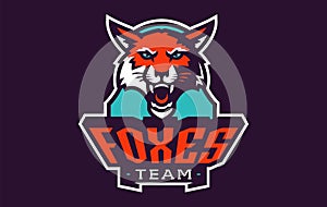 Sports logo with fox mascot. Colorful sport emblem with fox mascot and bold font on shield background. Logo for esport