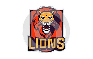 Sports logo with lion mascot. Colorful sport emblem with lion, leo mascot and bold font on shield background. Logo for