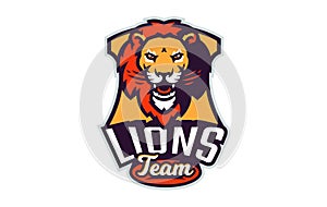 Sports logo with lion mascot. Colorful sport emblem with lion, leo mascot and bold font on shield background. Logo for