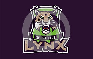 Sports logo with lynx mascot. Colorful sport emblem with lynx, bobcat mascot and bold font on shield background. Logo